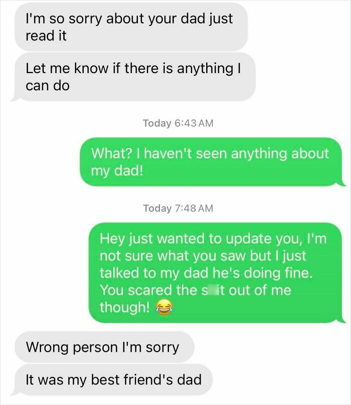 Awkward text exchange reveals mistaken identity about someone's dad.