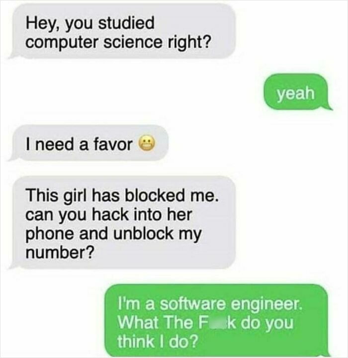 Awkward text exchange with a request to hack a phone, showing confusion in communication.