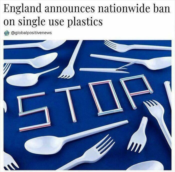 Plastic utensils arranged to spell "STOP," referencing anti-consumerism message with a ban on single-use plastics.