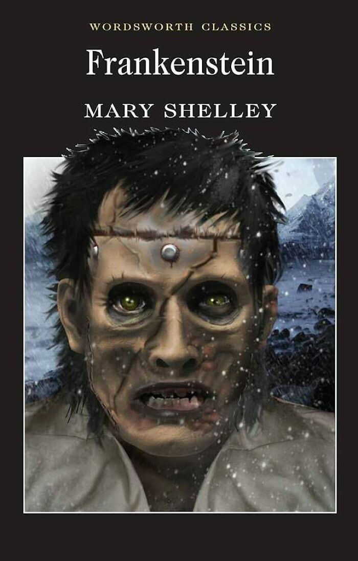Terrible book cover of "Frankenstein" featuring a monstrous face in a snowy setting.