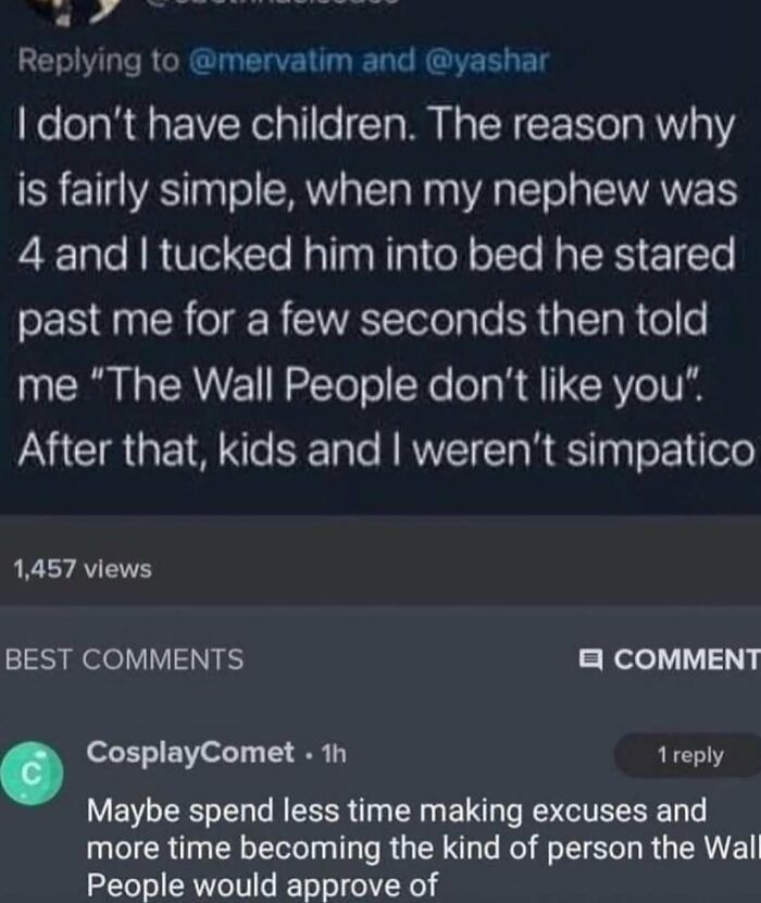 Screenshot of a really dumb tweet about a child mentioning wall people, with humorous comments below.