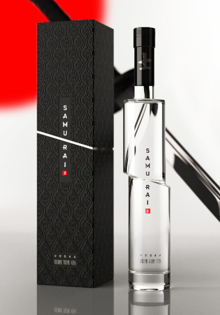 Elegant vodka bottle and box with a brilliant design featuring a twisted glass bottle and sleek black packaging.