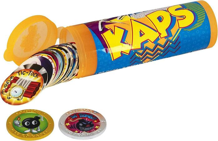 '90s nostalgia Kaps container with collectible Pogs scattered around.