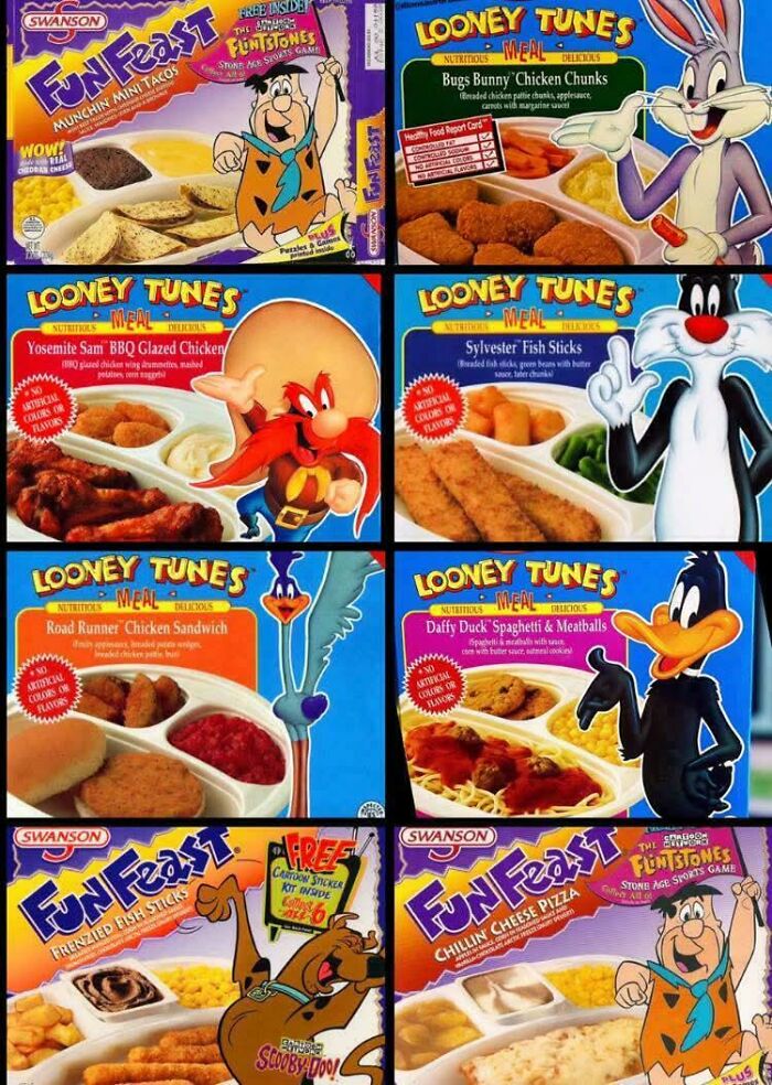 Assorted '90s Looney Tunes and Fun Feast meals featuring cartoon characters like Bugs Bunny and Scooby-Doo on colorful packaging.