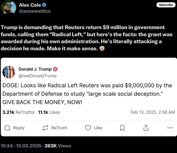 Tweet discussing Trump demanding Reuters return government funds, highlighting irony and facepalm moments about common sense in America.