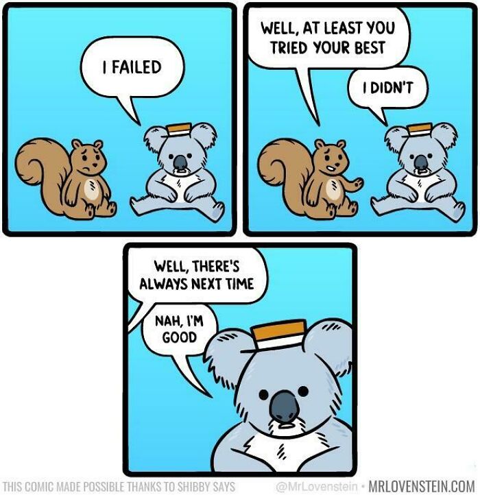 Cartoon squirrel and koala in a comic strip offering humorous dialogue for random memes to boost dopamine.