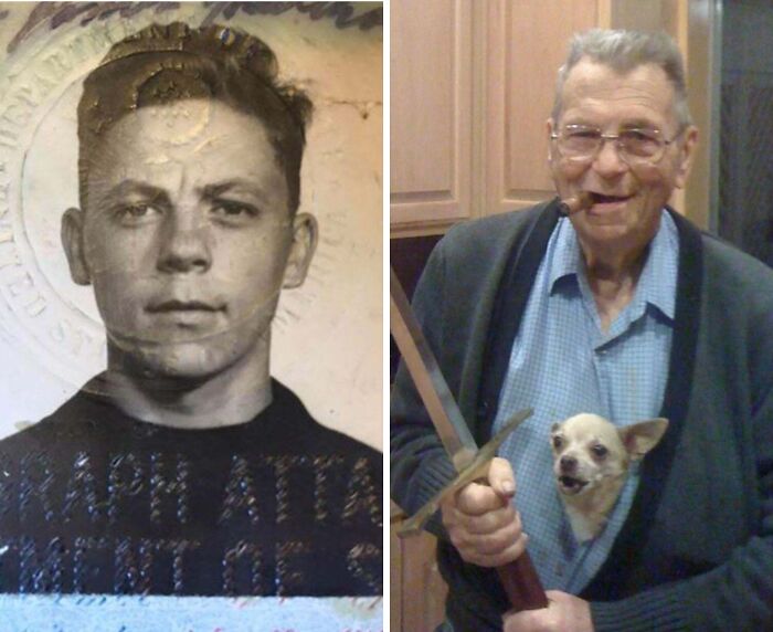 Man recreating past photograph; young portrait on left, elder with dog and sword on right.