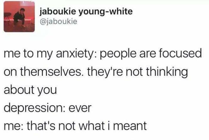 Text meme discussing anxiety and depression with an existential theme.