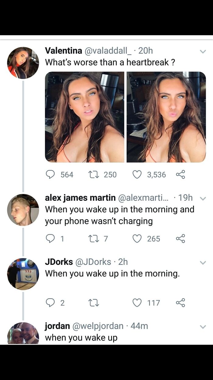 Existential meme thread with comments discussing waking up to an uncharged phone.
