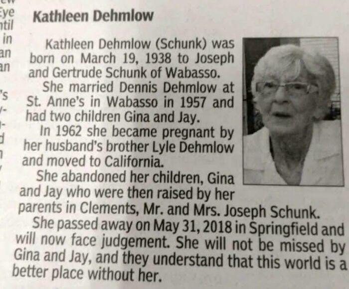 Obituary headline for Kathleen Dehmlow revealing an unusual life story, accompanied by her portrait.
