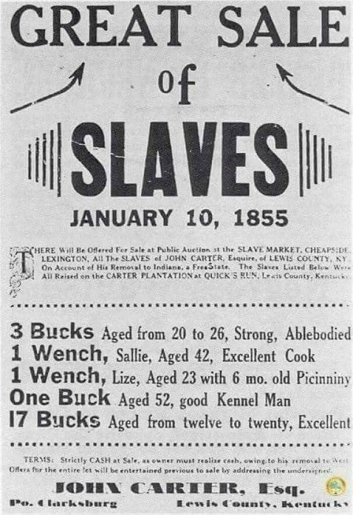 Historical 1855 advertisement for s***e auction, showing prices and descriptions, highlighting past societal practices.