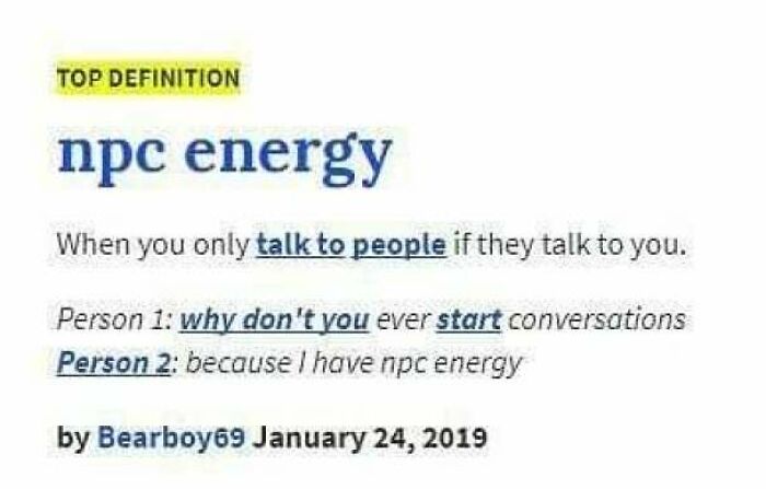 Definition of "npc energy" with an existential meme about conversation habits.