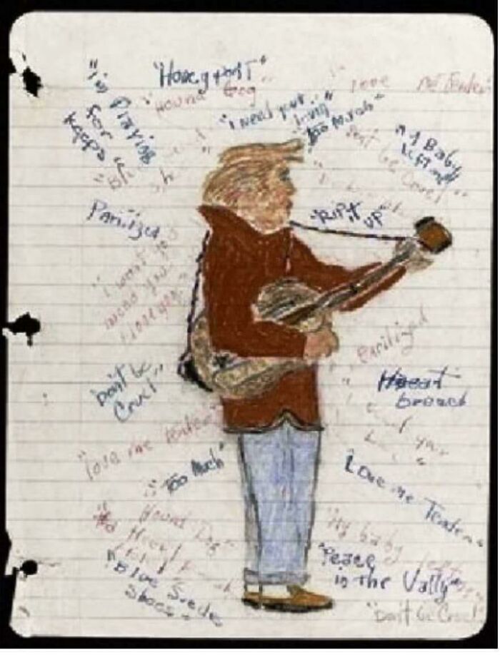 Drawing of a figure playing guitar with song titles written around it, showing something interesting and unique.
