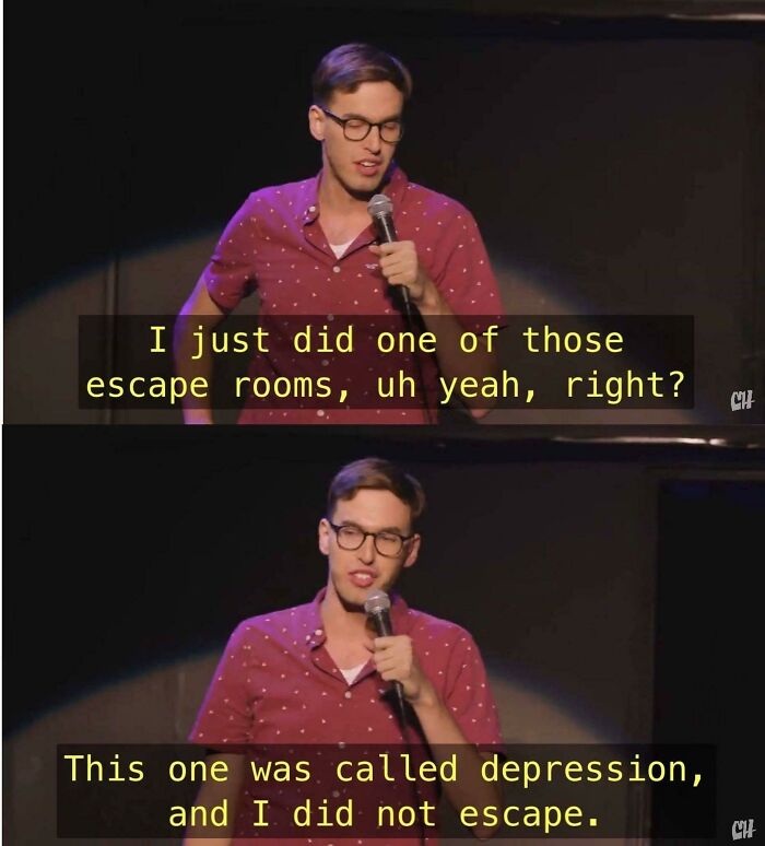 Comedian on stage delivering existential meme about escape rooms and depression, wearing a red polka dot shirt and glasses.