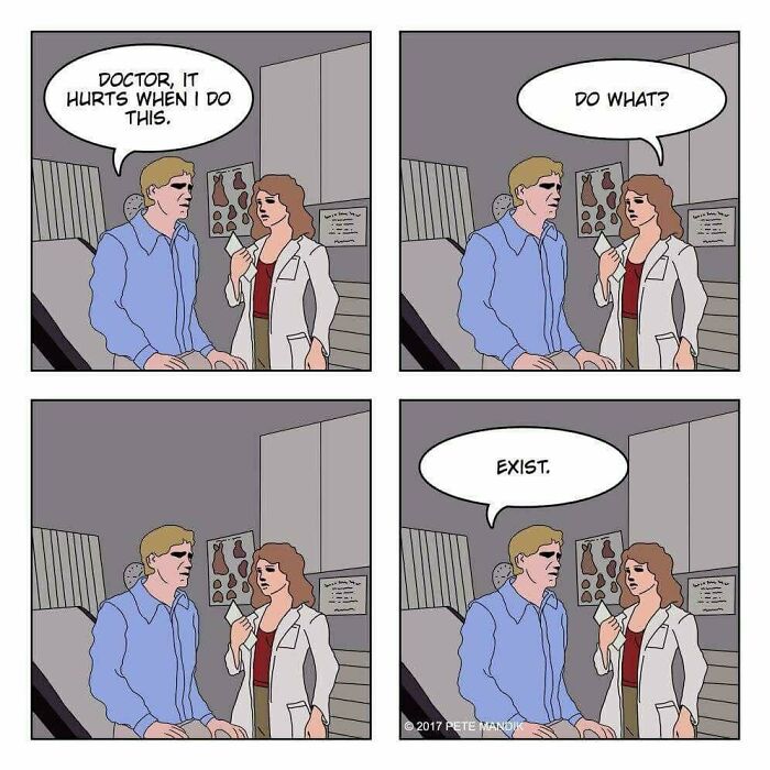 Comic strip with a doctor and patient discussing existential pain in a humorous setting.