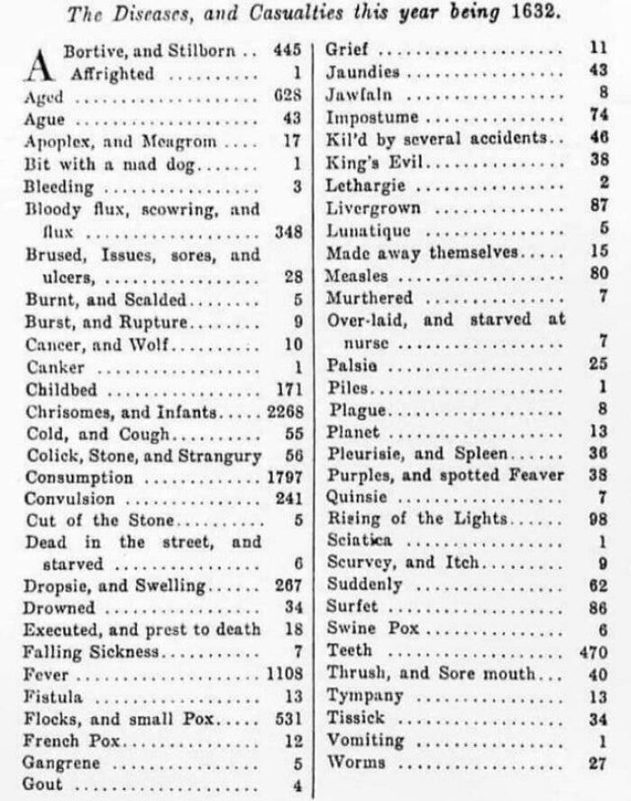 Old 1632 list of diseases and casualties showing interesting historical causes of death and illness.