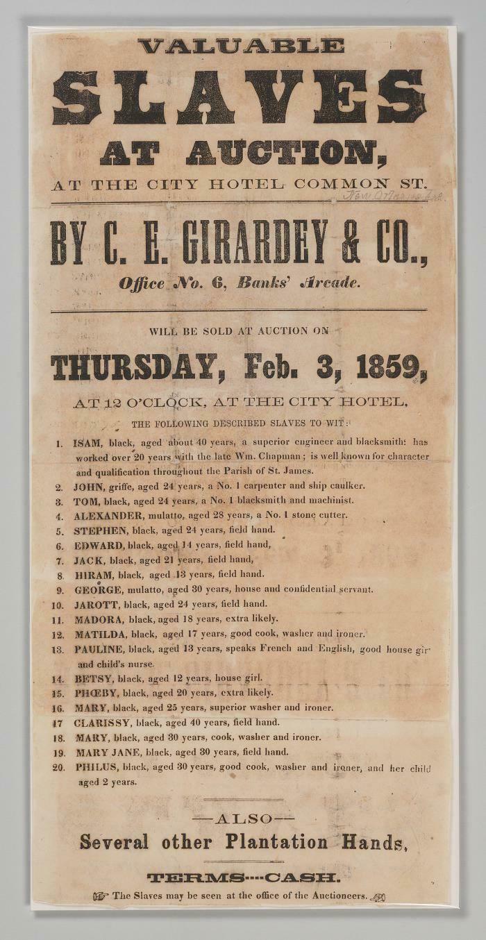 Auction poster from 1859 listing enslaved individuals, highlighting a historical event not commonly seen today.