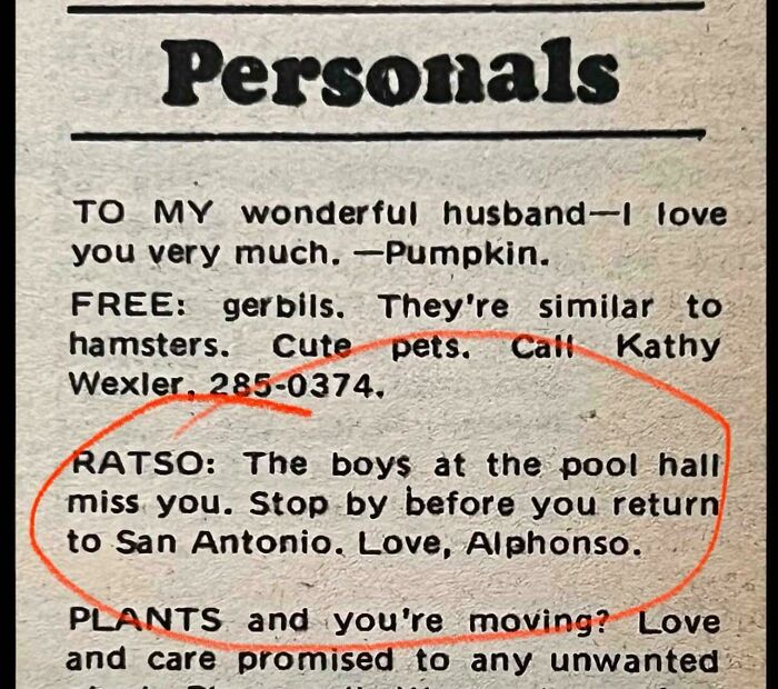 Classified ad highlighting a personal message for Ratso circled in red, featuring something interesting.