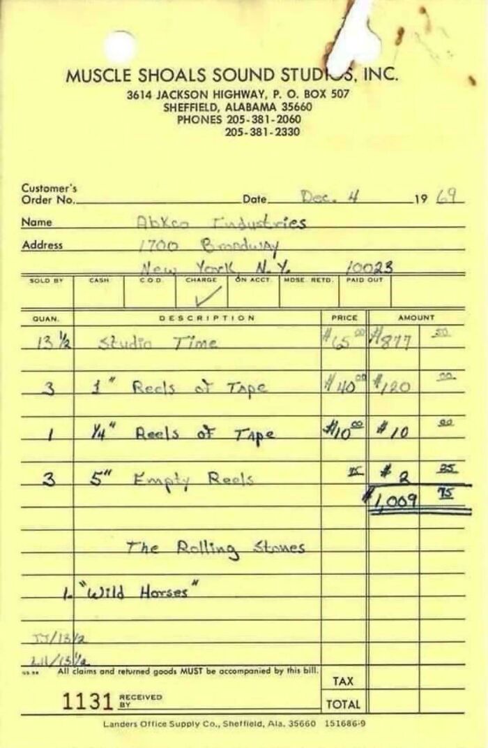 Invoice from Muscle Shoals Sound Studios in 1969 for Rolling Stones' "Wild Horses" recording session.