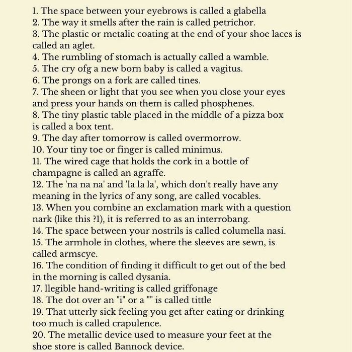 Text with interesting facts showing uncommon terms and their meanings.