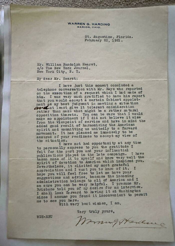 Typed letter from Warren G. Harding to William Randolph Hearst, dated February 20, 1921, discussing cabinet appointments.