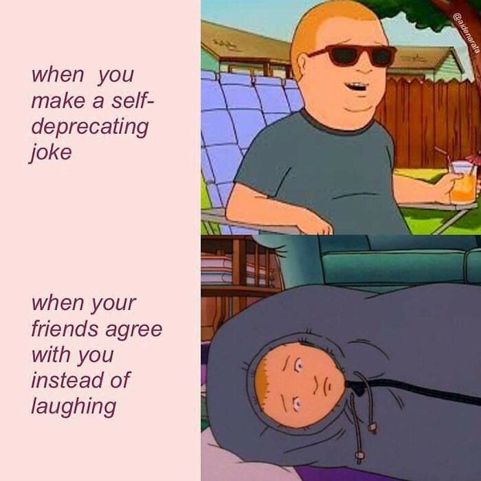 Existential meme of a boy making a self-deprecating joke and his friends agreeing instead of laughing.