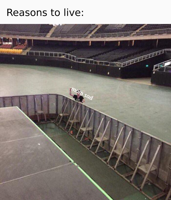 Existential meme with a person alone in an empty stadium labeled "mom sad" under "Reasons to live" text.
