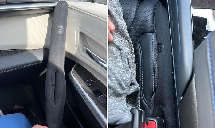 Car seat gap filler showing two views in a vehicle interior, showcasing a clever Amazon find.