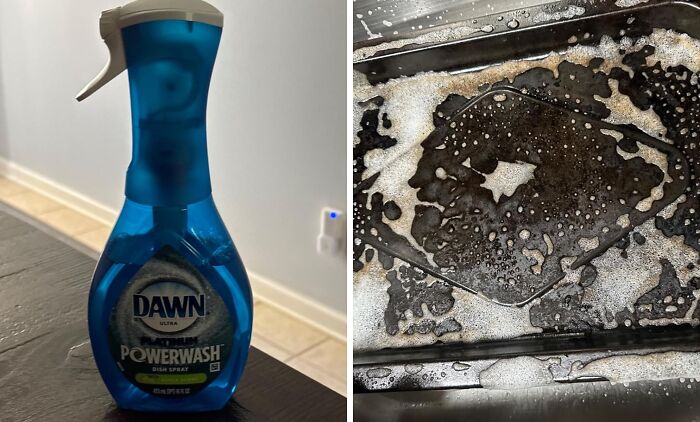 Dawn Powerwash spray on a kitchen counter beside a dirty baking sheet being cleaned in a sink, illustrating genius Amazon finds.