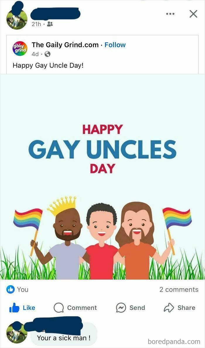 Facebook post showcasing Boomers-Social-Media-Fails with a "Happy Gay Uncles Day" image and a critical comment.