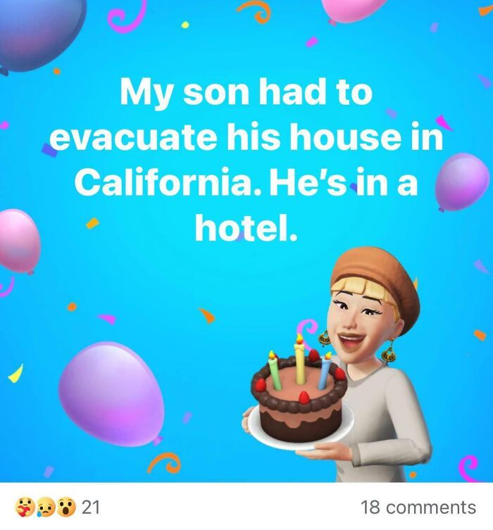 Social media post with colorful background and character holding a birthday cake, referencing evacuation in California.