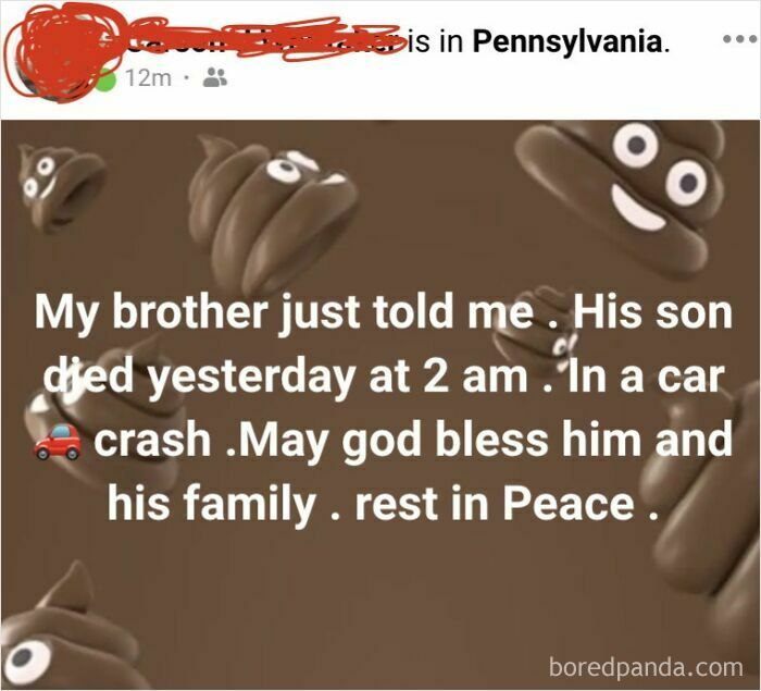 Social media post with sad news overlayed on p**p emojis background, illustrating Boomers' social media fails.