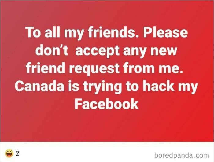 Text post with bold red background showing a humorous Boomers social media fail about friend requests and hacking.