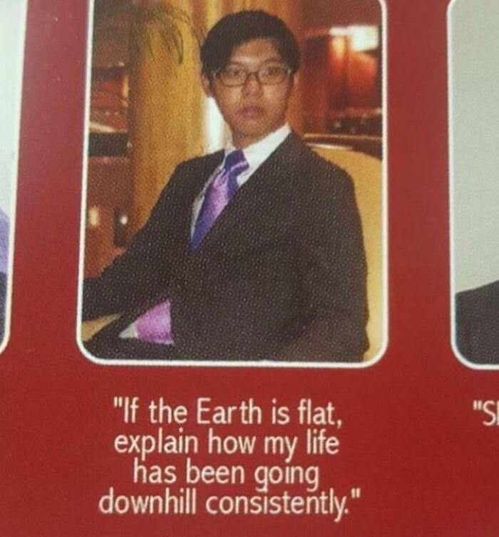 Young man in a suit with a purple tie posing humorously next to a meme about brain dopamine and life going downhill.