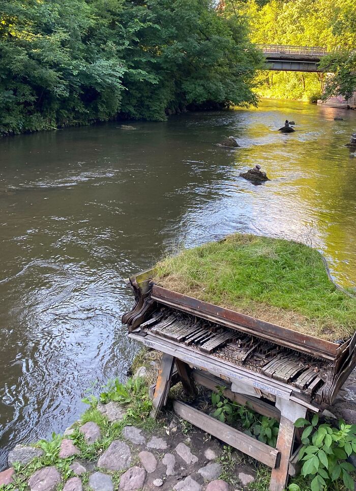 Nature reclaiming civilization: Grass-covered piano by a riverbank.
