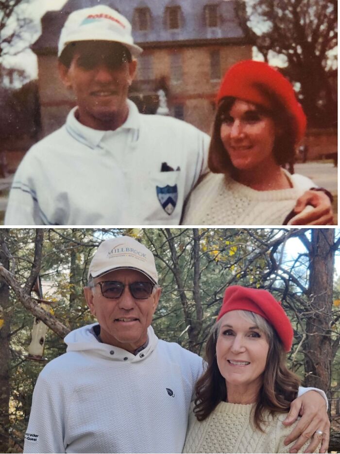 People recreating past photograph, wearing similar outfits with a red hat and white sweater, in a spot-on then and now style.