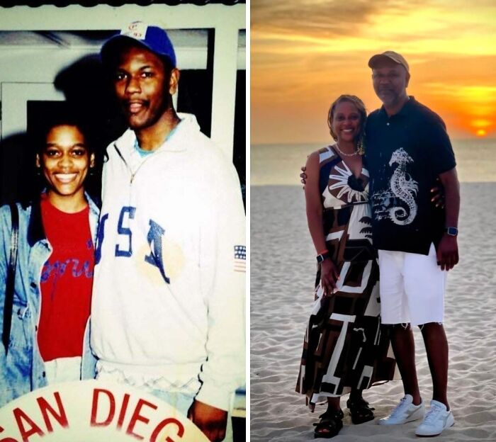 Couple recreating a past photograph on the beach, capturing a spot-on then and now moment at sunset.