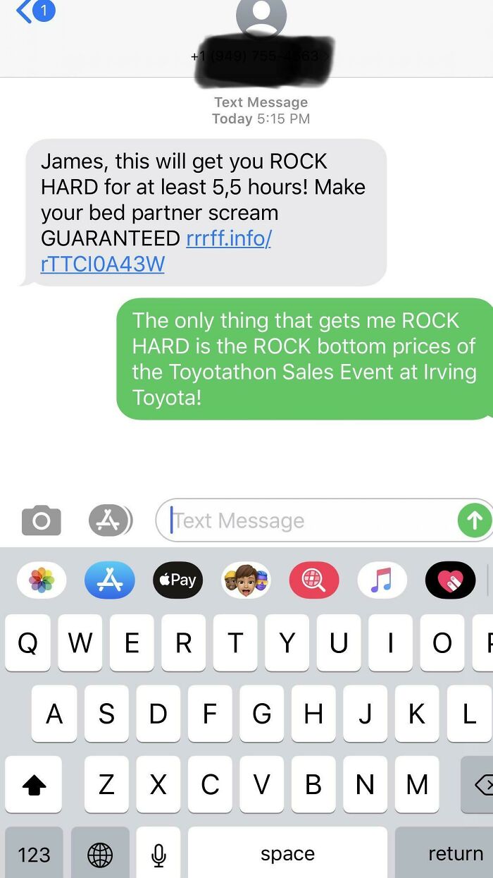 Text conversation with funny-scammer-responses about sales event and spam message.