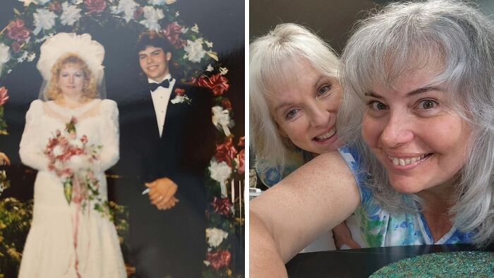 Two friends recreating a past photograph, smiling together in both images, showing a "then and now" transformation.
