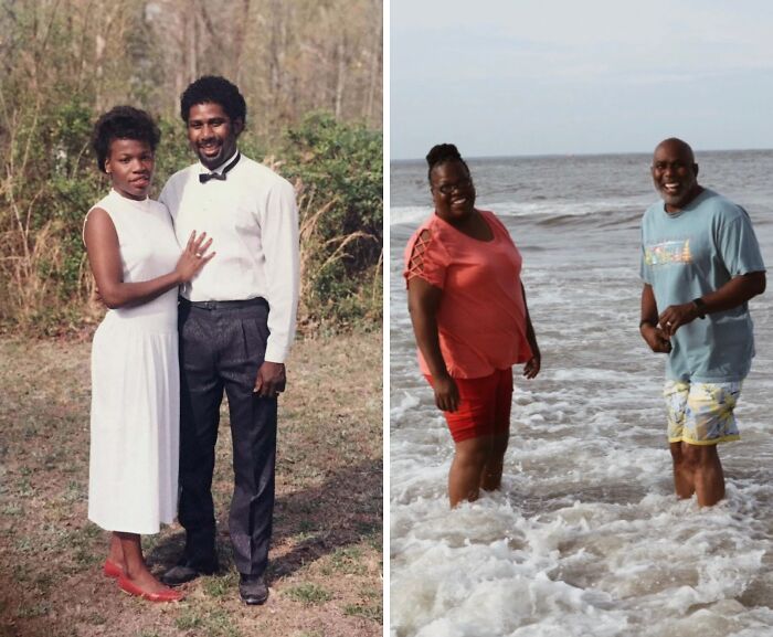 Past vs present: A couple recreates an old photo; left side in formal attire, right side smiling at the beach.