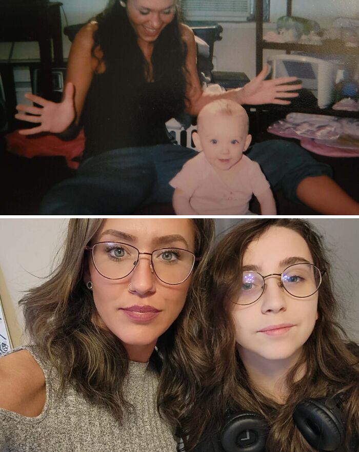 A woman and baby in a past photo recreated years later, showing their transformation over time.