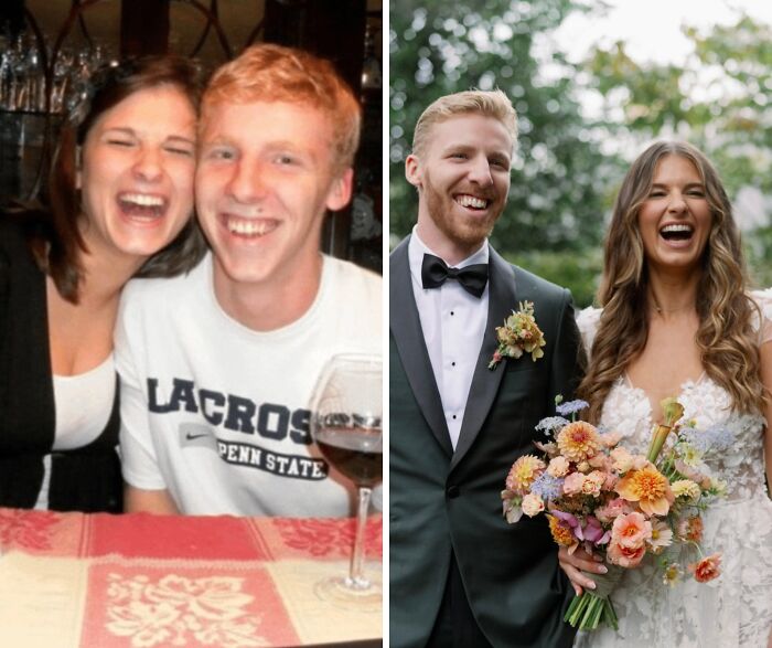 Couple recreating a past photograph, both laughing joyfully in both images; the first casual, the second on their wedding day.