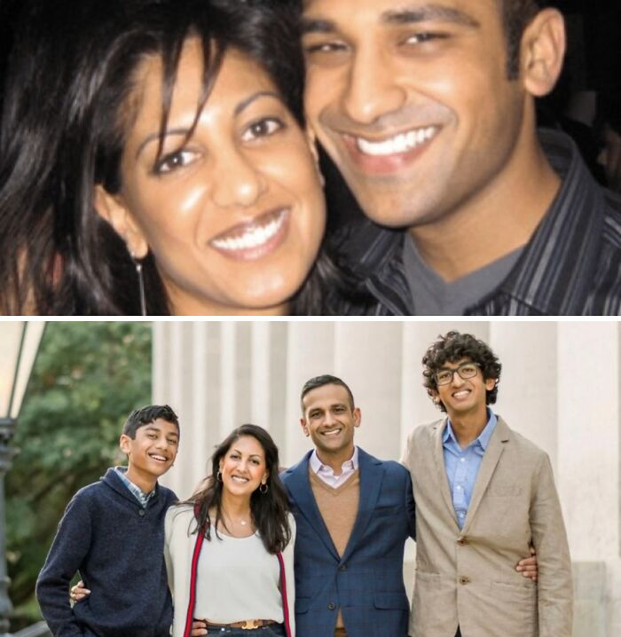 People recreating past photographs, showing a couple then and with their children now, all smiling together.