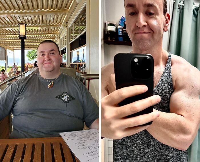 Man recreating a past photo, showing a significant transformation in appearance over time.