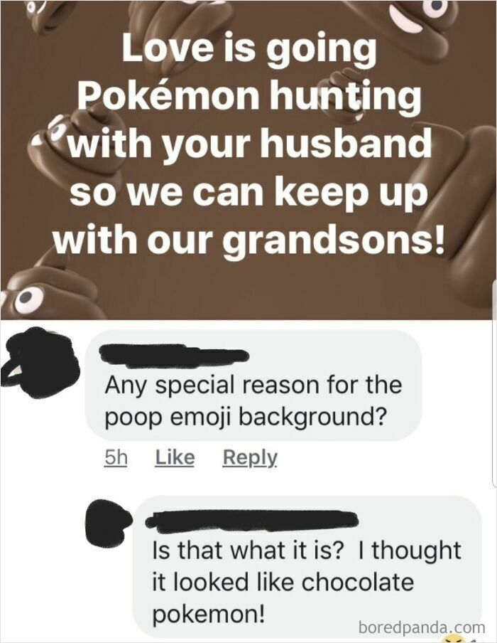 Boomers on social media confused by p**p emojis, mistaking them for chocolate Pokémon in a playful conversation.
