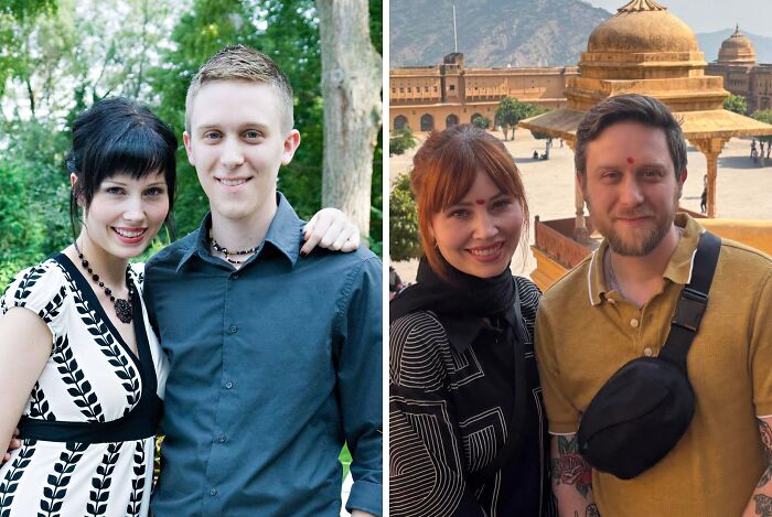 Two people posing similarly in recreated photographs from their past, showing changes then and now.