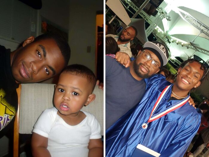 Two people recreating a childhood photo, now with the younger one in a graduation gown.