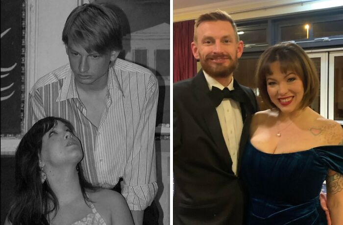 People recreating photographs from their past: black-and-white photo of a young couple and their modern version dressed up.