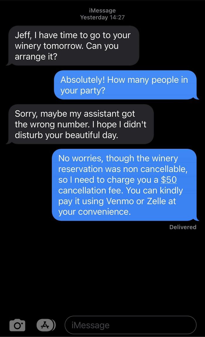 Text exchange showcasing funny scammer responses about a winery reservation cancellation fee.