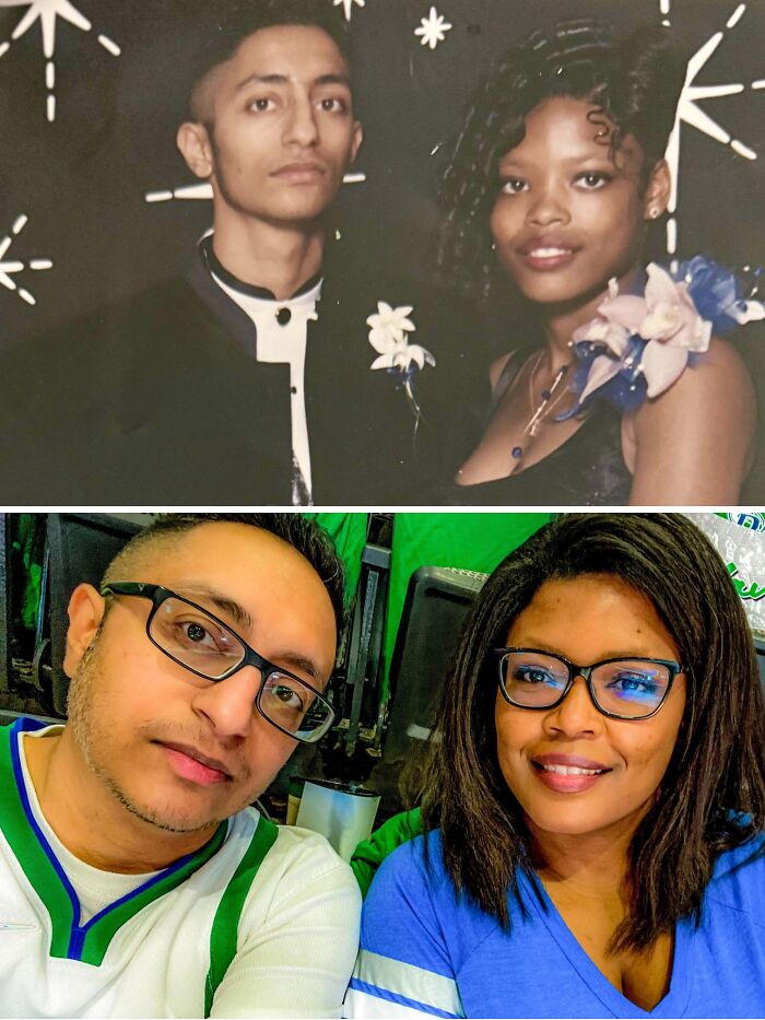 Two people recreate a past photograph, showing their transformation over the years in a spot-on comparison.